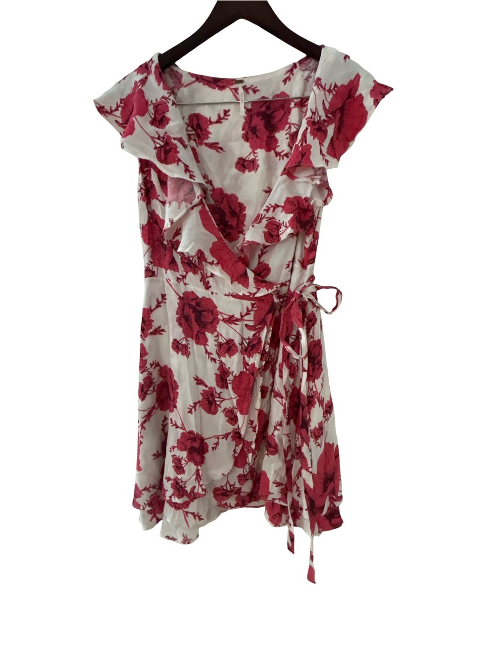 Free People Red Floral Ruffle Wrap Dress Size L Large V-Neck Mini Boho